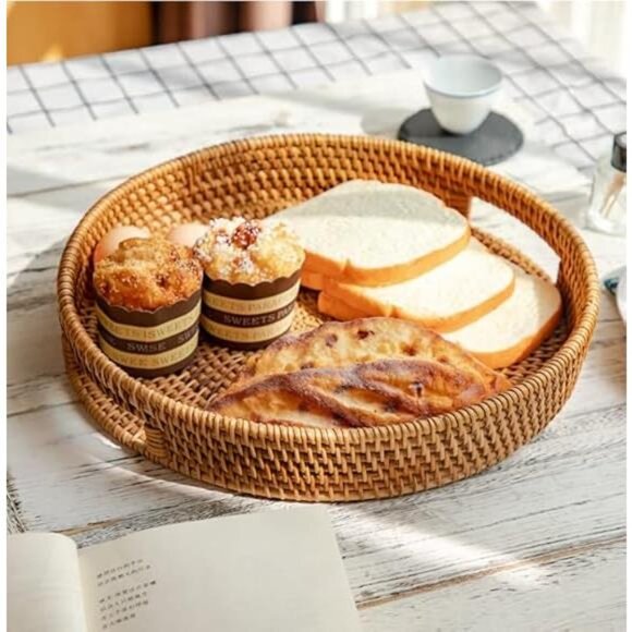 Round Serving Tray, Decorative Coffee Table Tray, Ottoman Hand Woven - Picture 5 of 7